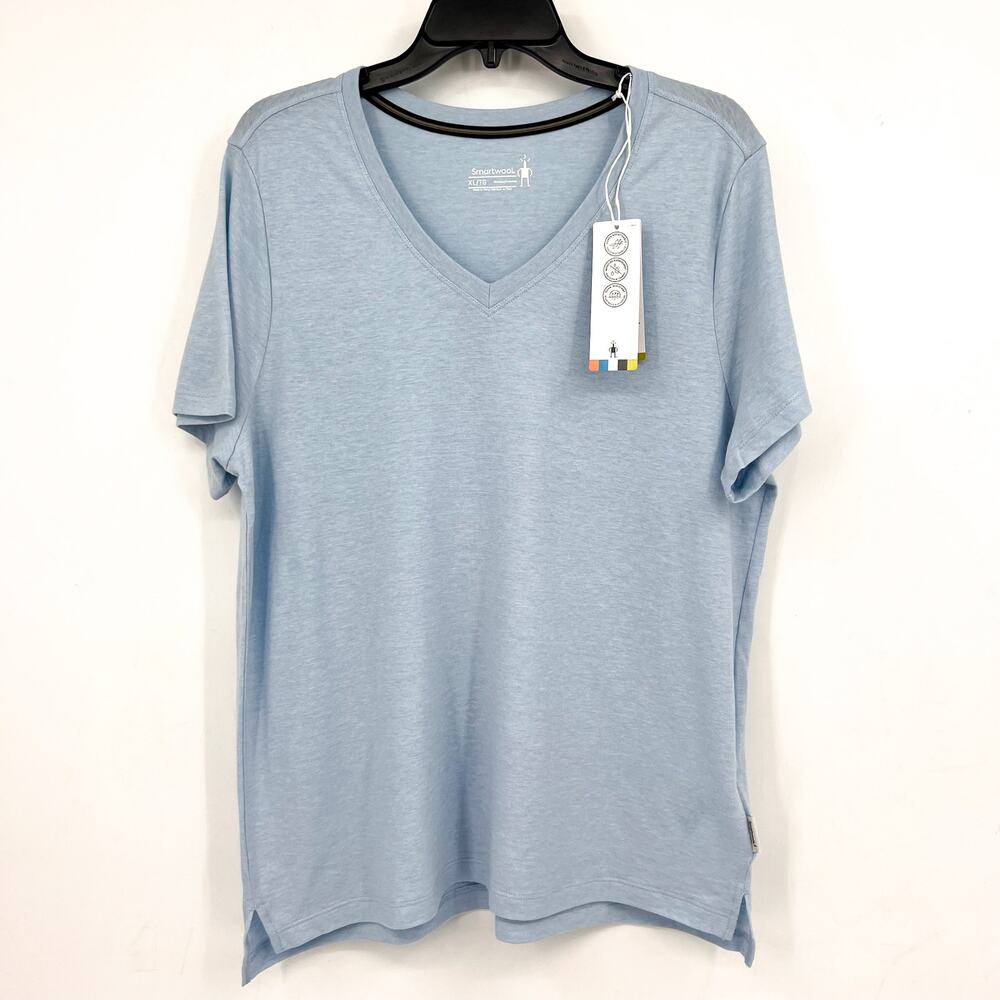 SMARTWOOL Women's Perfect V-Neck Short Sleeve Tee XL Blue Merino Wool Blend NWT